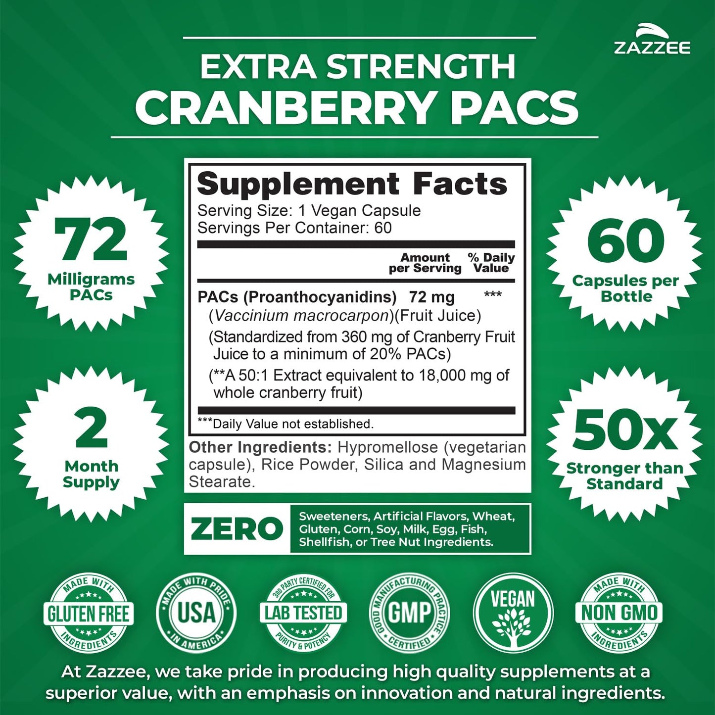 Zazzee Cranberry PACs 72 mg per Capsule, 50:1 Extract, 120 Vegan Capsules, 2X Strength, 4 Month Supply, Fast-Acting, Effective Urinary Tract & Bladder Support, 100% Soluble PACs, Made in the USA Gsupps Australia