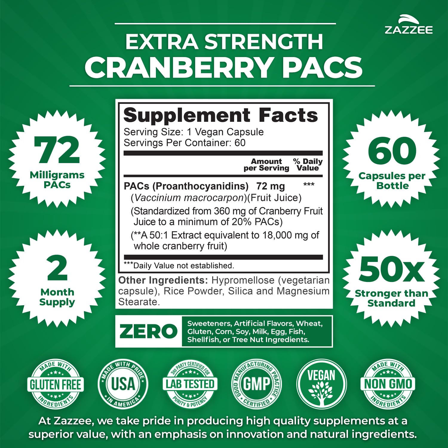 Zazzee Cranberry PACs 72 mg per Capsule, 50:1 Extract, 120 Vegan Capsules, 2X Strength, 4 Month Supply, Fast-Acting, Effective Urinary Tract & Bladder Support, 100% Soluble PACs, Made in the USA Gsupps Australia
