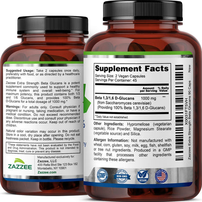 Zazzee Extra Strength 1,3/1,6 Beta Glucans, 1000mg Per Serving, 90 Capsules | Vegan, 100% Concentrated, Healthy Immune System Support, Non-GMO, Made in the USA Gsupps Australia