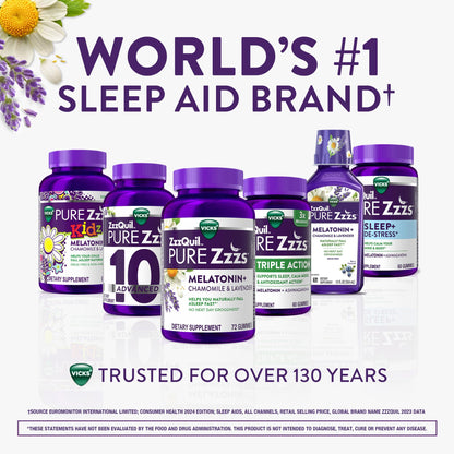 ZzzQuil Pure Zzzs Advanced Melatonin Gummies, Melatonin 10mg, Sleep Aid, with Chamomile & Lavender, Melatonin Sleep Gummies, Sleep Aids for Adults ZzzQuil