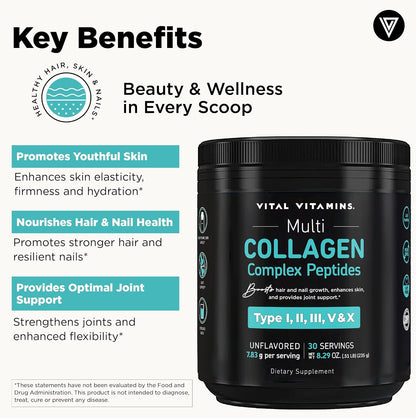 Vital Vitamins Multi Collagen Complex Powder for Hair, Skin, Nails & Joints | 5 Collagen Peptides Types I II III V & X, Unflavored, Easy to Dissolve, Scoop Included Inside, 30 Servings Gsupps Australia