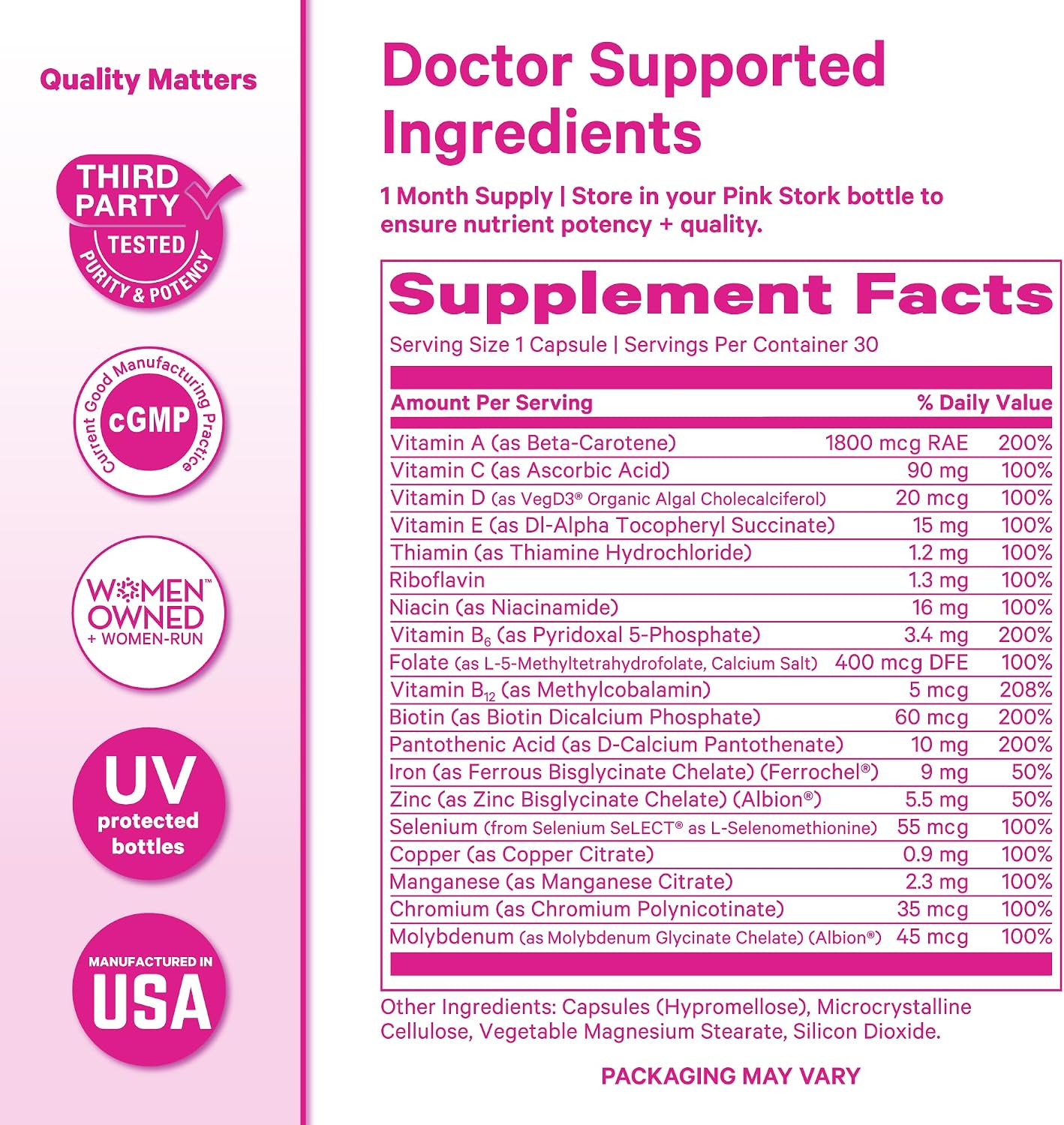 Pink Stork Total Women's Multivitamin, 19 Essential Vitamins, 30 Capsules | Energy, Metabolism, Hormone Support, Immune & Mood Support with B6, B12, Biotin, Iron & Zinc