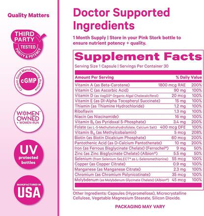 Pink Stork Total Women's Multivitamin, 19 Essential Vitamins, 30 Capsules | Energy, Metabolism, Hormone Support, Immune & Mood Support with B6, B12, Biotin, Iron & Zinc