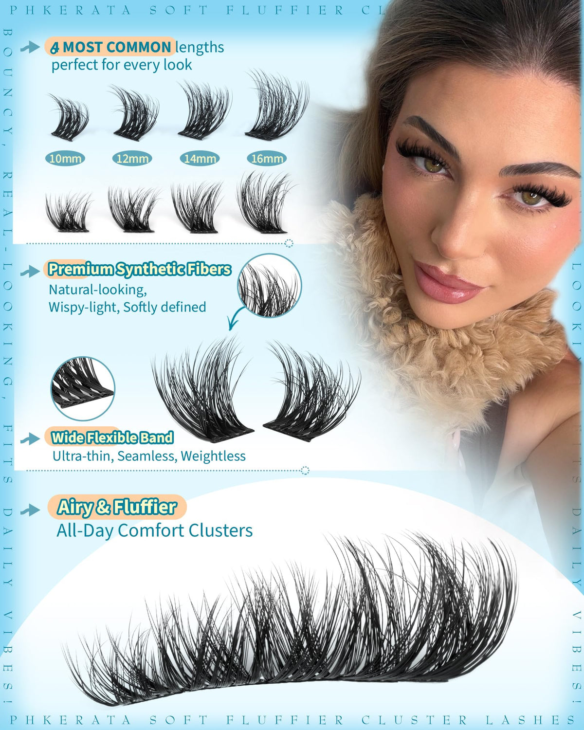 PHKERATA Fluffy Lash Clusters Wispy Eyelash Clusters Natural C Curl PHKERATA