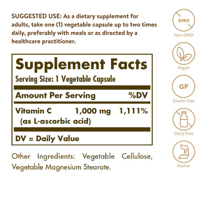 Solgar Vitamin C 1000 mg, 250 Vegetable Capsules - Antioxidant & Immune Support - Overall Health - Healthy Skin & Joints - Bioflavonoids Supplement Solgar