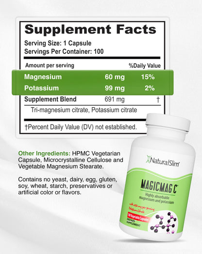 MagicMag C by NaturalSlim, Magnesium Citrate Capsules for Muscle Relaxation, Sleep Quality, Nerve Function & Electrolyte Support, Daily Magnesium Supplement NaturalSlim
