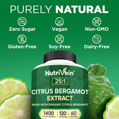 Nutrivein Premium Citrus Bergamot Supplement 1400mg 25:1 Bergamia Extract - 60 Day Supply (120 Capsules): Powerful Italian Citrus Bergamot 1400 mg+ Nutrivein