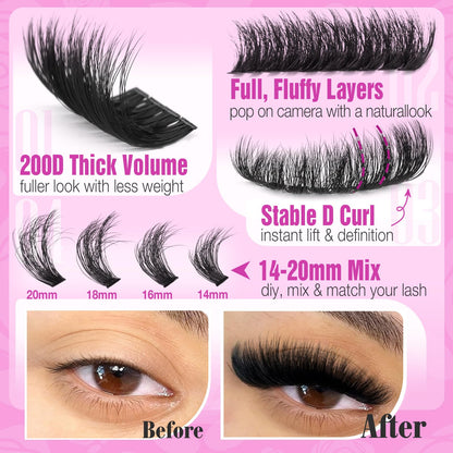 Yawamica Fluffy Lash Clusters Thick 200D Volume Eyelash Clusters 14-20mm Wispy Individual Lashes D Curly Cluster Eyelash Extensions 240pcs DIY Lash Extension for Beginners Yawamica