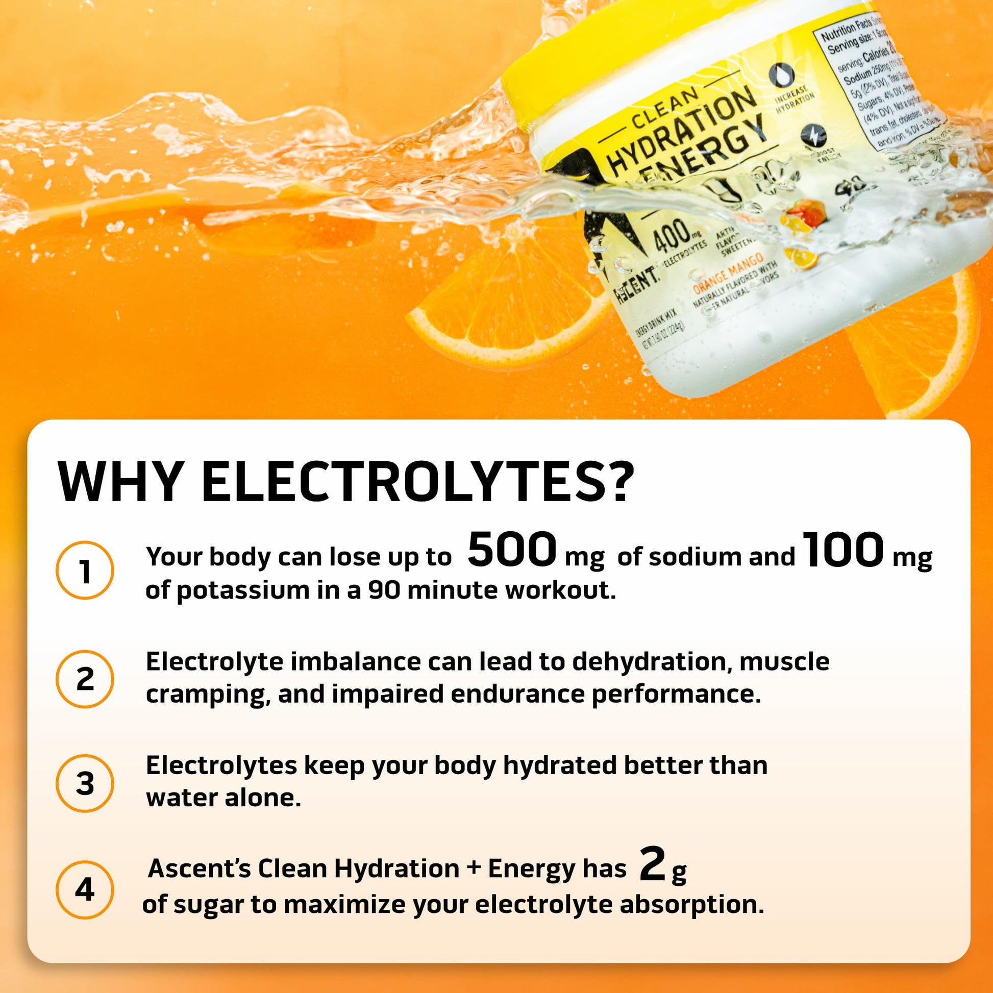 Ascent Clean Hydration + Energy Electrolytes Powder - 100mg Caffeine, 400mg Electrolytes, No Artificial Ingredients, Orange Mango 40 Servings Ascent buy australia supplements