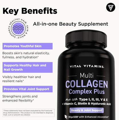 Vital Vitamins Multi Collagen Complex Plus Biotin, Hyaluronic Acid & VIT. C | Hair, Skin, & Nails Supplements for Women and Men, 5 Collagen Types I II III V & X, 150 Capsules Gsupps Australia