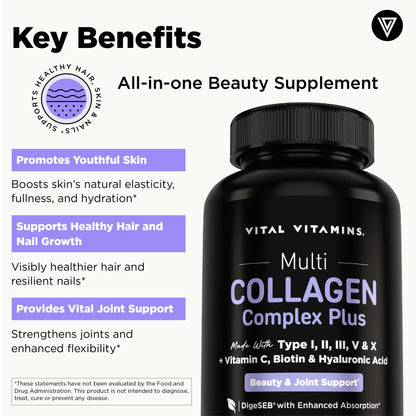 Vital Vitamins Multi Collagen Complex Plus Biotin, Hyaluronic Acid & VIT. C | Hair, Skin, & Nails Supplements for Women and Men, 5 Collagen Types I II III V & X, 150 Capsules Gsupps Australia