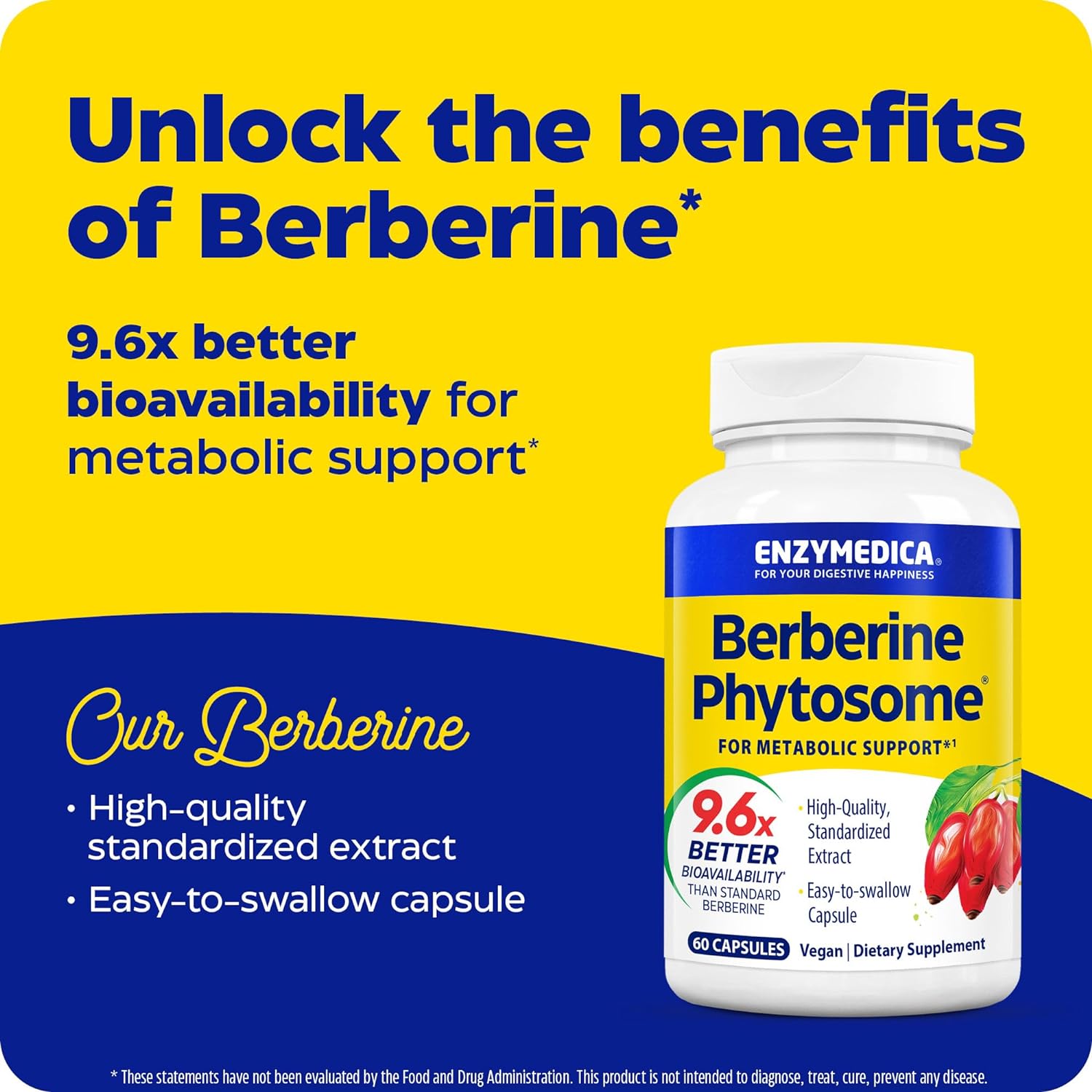 Enzymedica Berberine Phytosome High Absorption Supplement - Berbevis Berberine Phytosome Capsules for Men & Women, Bioavailable Formula, Natural Metabolic Health Support, Vegan, Gluten Free - 60 Caps Gsupps Australia