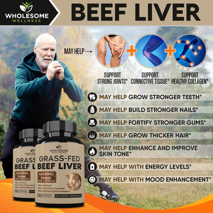 Wholesome Wellness Grass Fed Desiccated Beef Liver Capsules (180 Pills, 750mg Each) - Natural Iron, Vitamin A, B12 for Energy - Raised Undefatted in New Zealand Wholesome Wellness