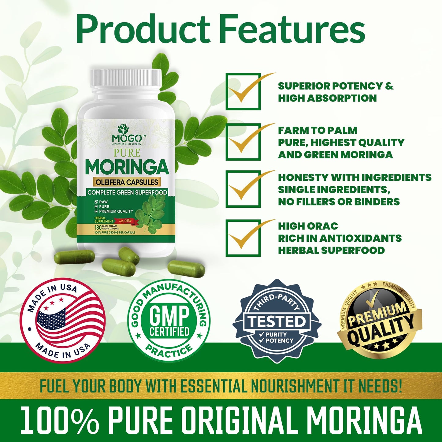 MOGO Moringa Capsules -180 Ct| Boost Energy, Immune, Gut, Joint Support | Made with Pure Organic Moringa Powder Organic Capsules | Made in USA MOGO