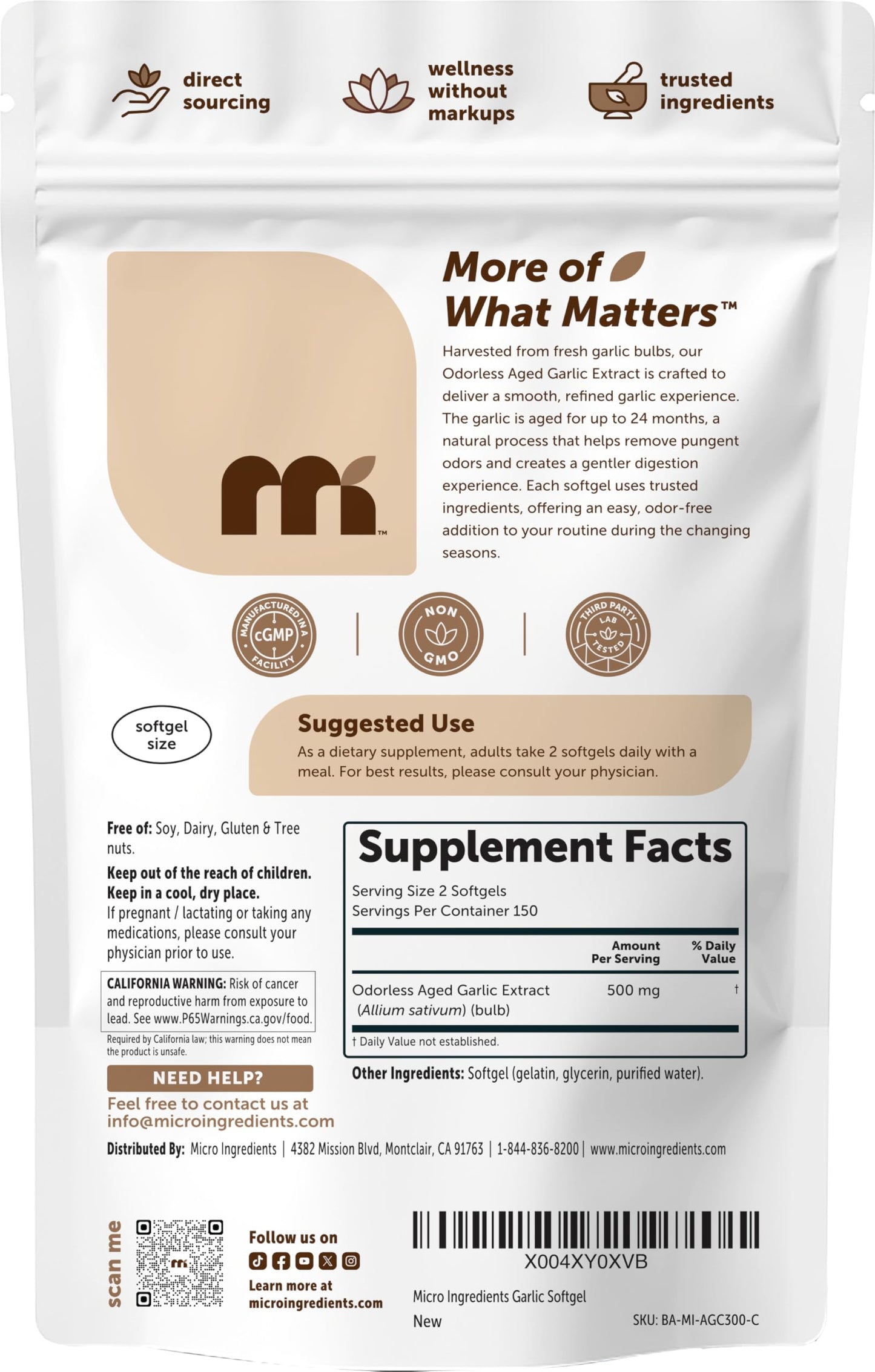 Micro Ingredients Odorless Garlic, 300 Softgels | 2 Years Aged Garlic Extract | Grown Allium Sativum Bulb Micro Ingredients
