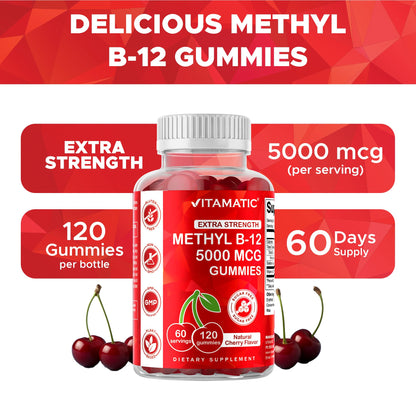 Vitamatic Extra Strength Vitamin B12 5000 mcg (Methyl B12) Gummies - 120 Count - Energy Metabolism Support and Nervous Vitamatic