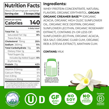 Orgain Whey Protein Powder, Vanilla Bean, 21g Grass Fed Dairy Protein, 5g BCAAs, 3g Prebiotic Fiber, 2g Sugar, No Added Hormones, Gluten Free, Kosher, for Shakes & Smoothies, 1.82 lb Orgain