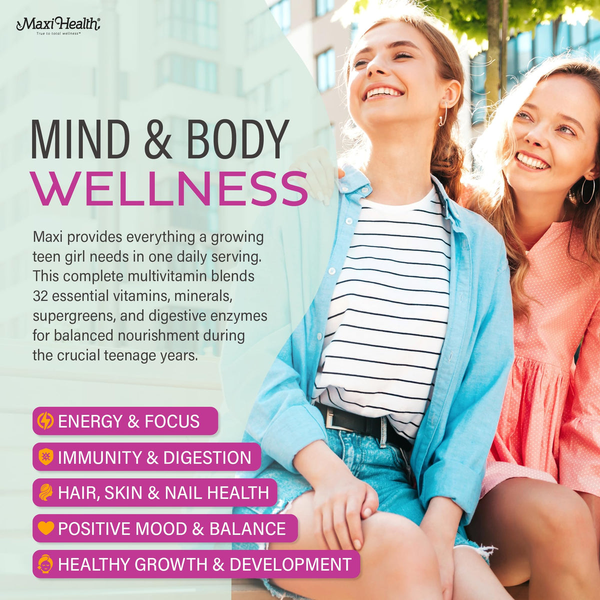 Teen Vitamins for Girls 12-17 - Teen Multivitamin Supreme with D3, Iron, Calcium, Biotin, Digestive Enzymes – Teenager Girl Multi Vitamins for Energy, Maxi Health