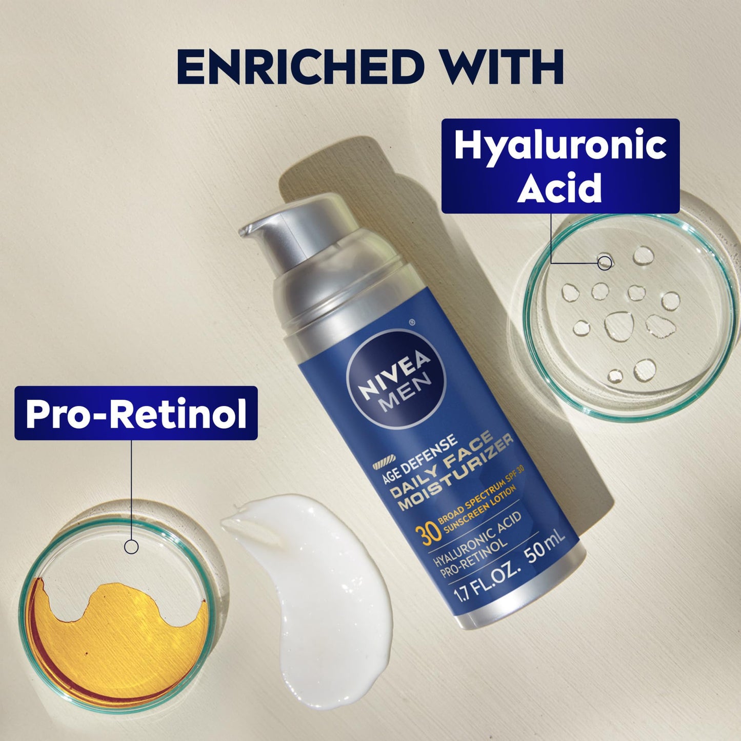 NIVEA MEN Age Defense Daily Face Moisturizer with Broad Spectrum SPF 30 Sunscreen, Pro-Retinol and Hyaluronic Acid, Beard-Friendly NIVEA MEN
