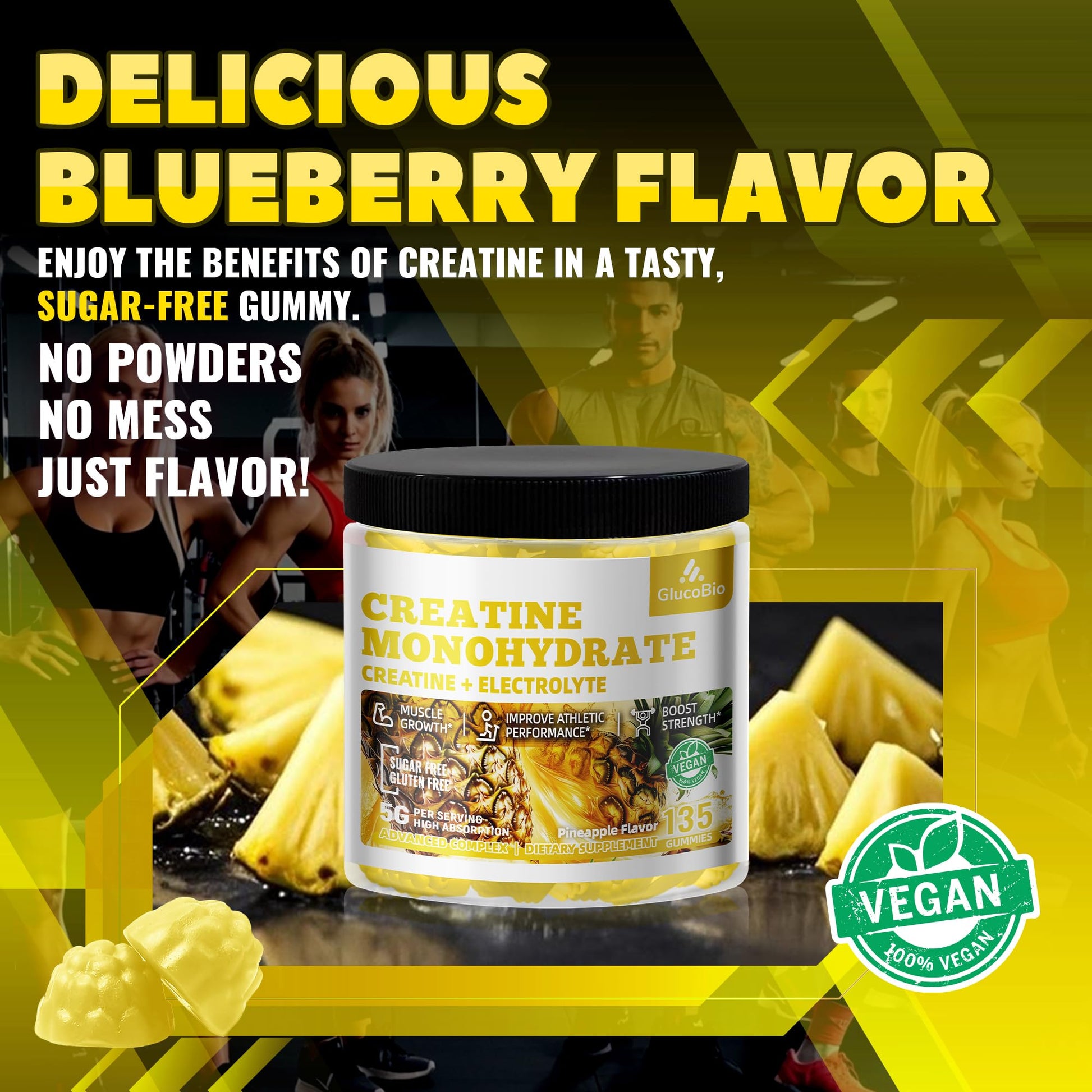 GlucoBio Creatine Monohydrate Gummies (5g) – Pre-Workout Energy & Muscle Growth Support for Men & Women | Pineapple Electrolyte Gummies (135 Count) GlucoBio buy australia supplements