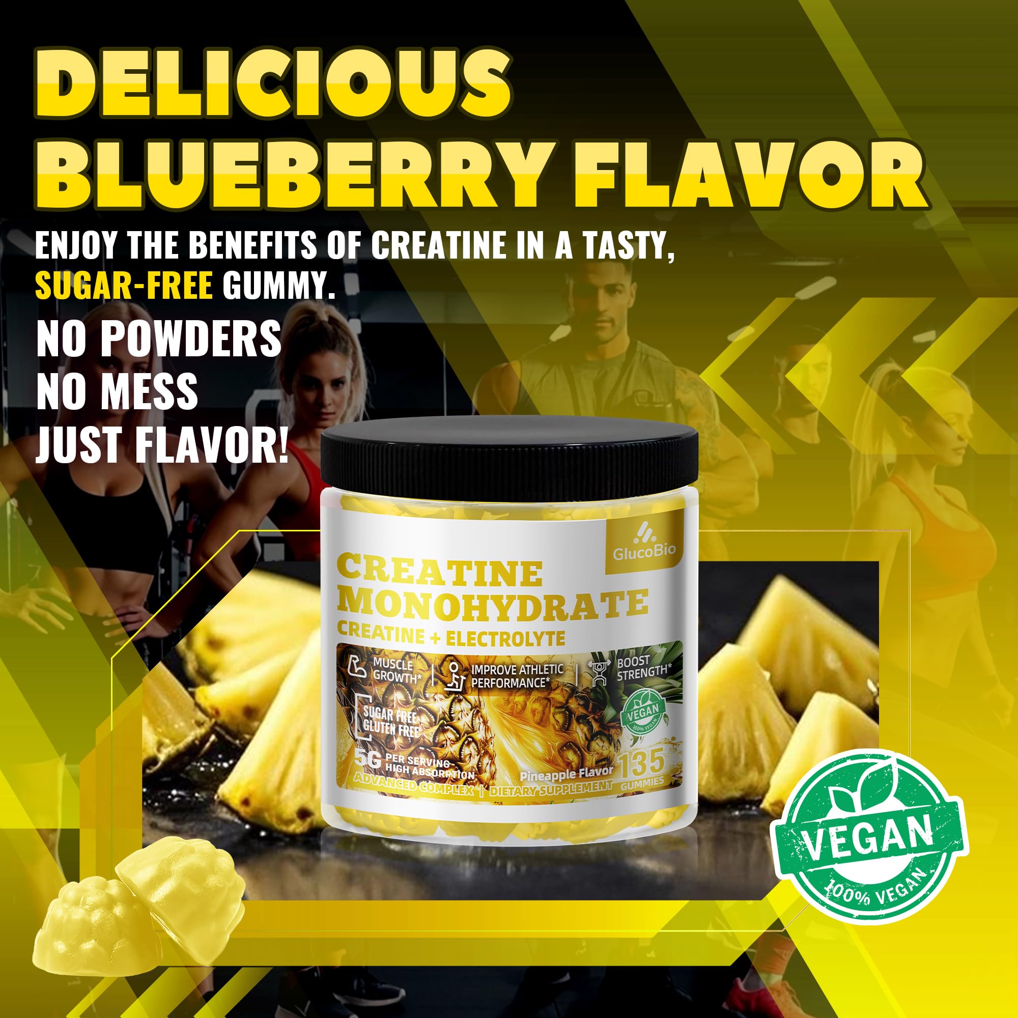 GlucoBio Creatine Monohydrate Gummies (5g) – Pre-Workout Energy & Muscle Growth Support for Men & Women | Pineapple Electrolyte Gummies (135 Count) GlucoBio buy australia supplements