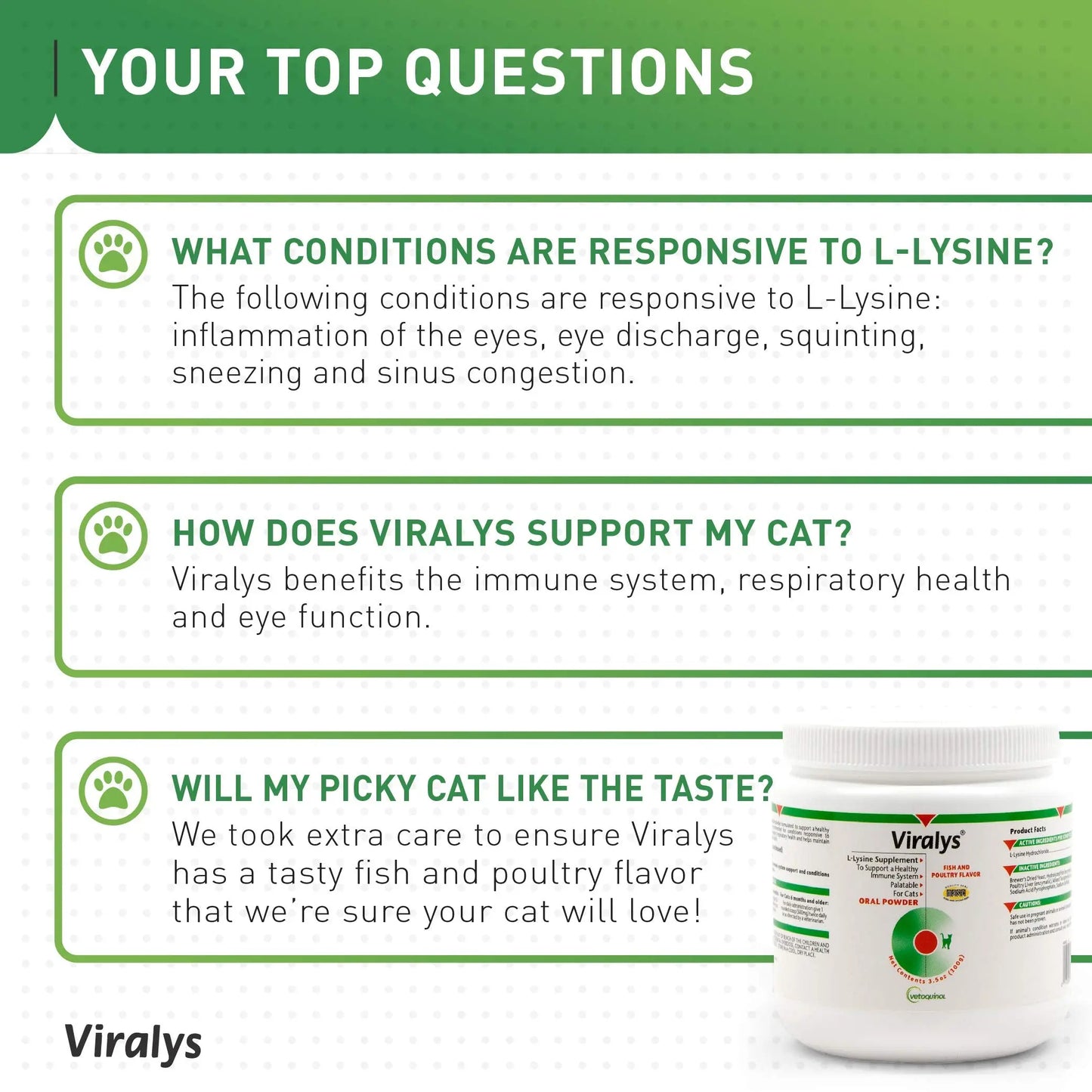 Vetoquinol Viralys Daily L-Lysine Powder for Cats and Kittens, Fish Flavored Lysine Supplement for Cats and Kittens to Support Immune Health Vetoquinol