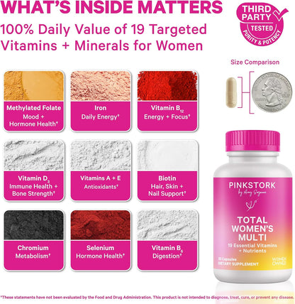 Pink Stork Total Women's Multivitamin, 19 Essential Vitamins, 30 Capsules | Energy, Metabolism, Hormone Support, Immune & Mood Support with B6, B12, Biotin, Iron & Zinc