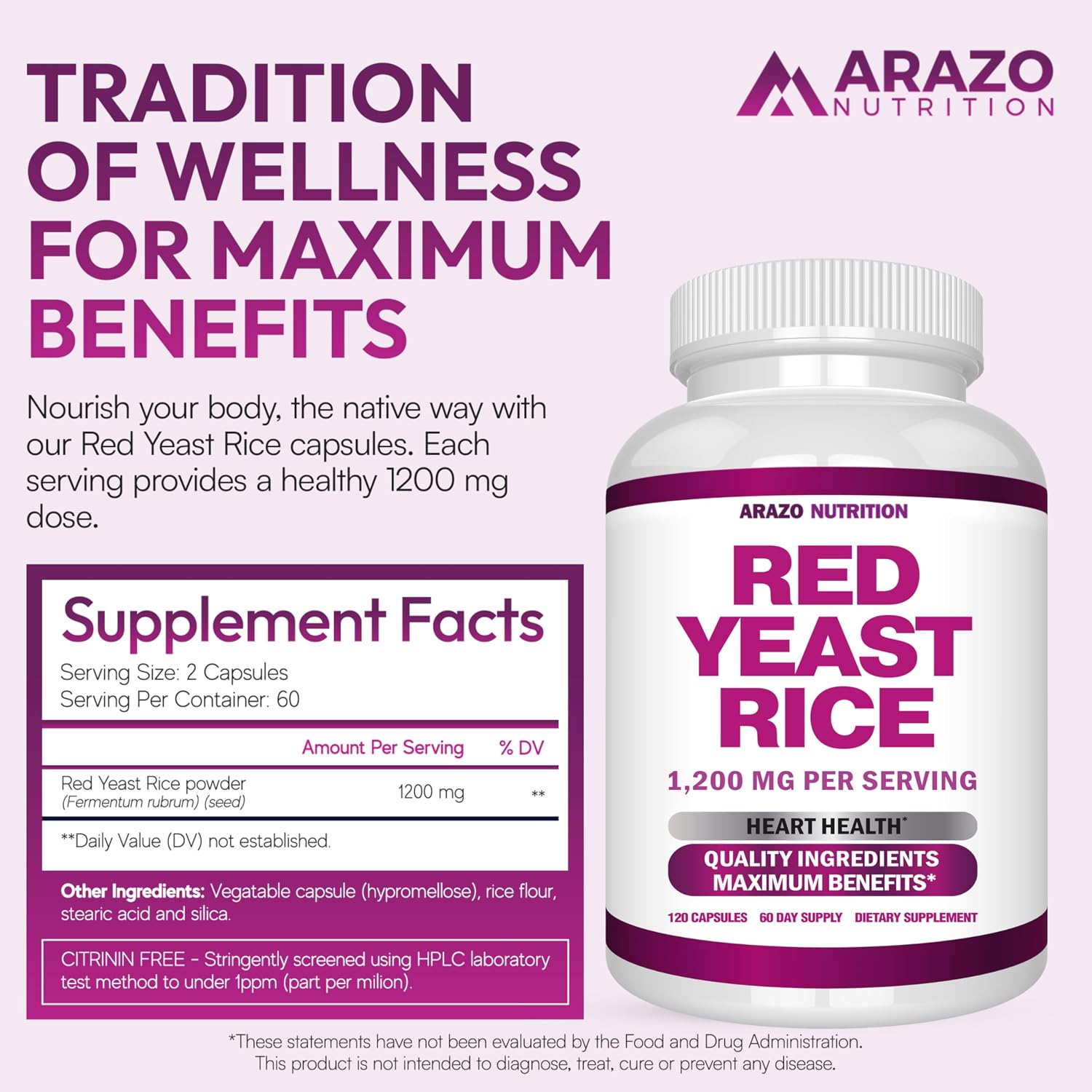 Arazo Nutrition Red Yeast Rice Extract 1200 MG Per Serving – Citrinin Free Supplement – Vegetarian 120 Capsules Gsupps Australia