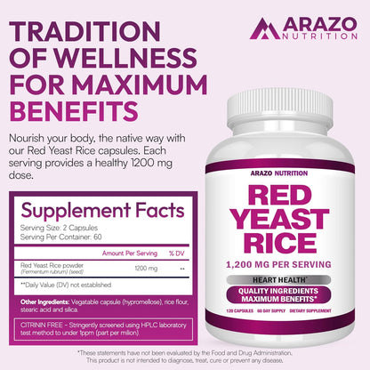 Arazo Nutrition Red Yeast Rice Extract 1200 MG Per Serving – Citrinin Free Supplement – Vegetarian 120 Capsules Gsupps Australia