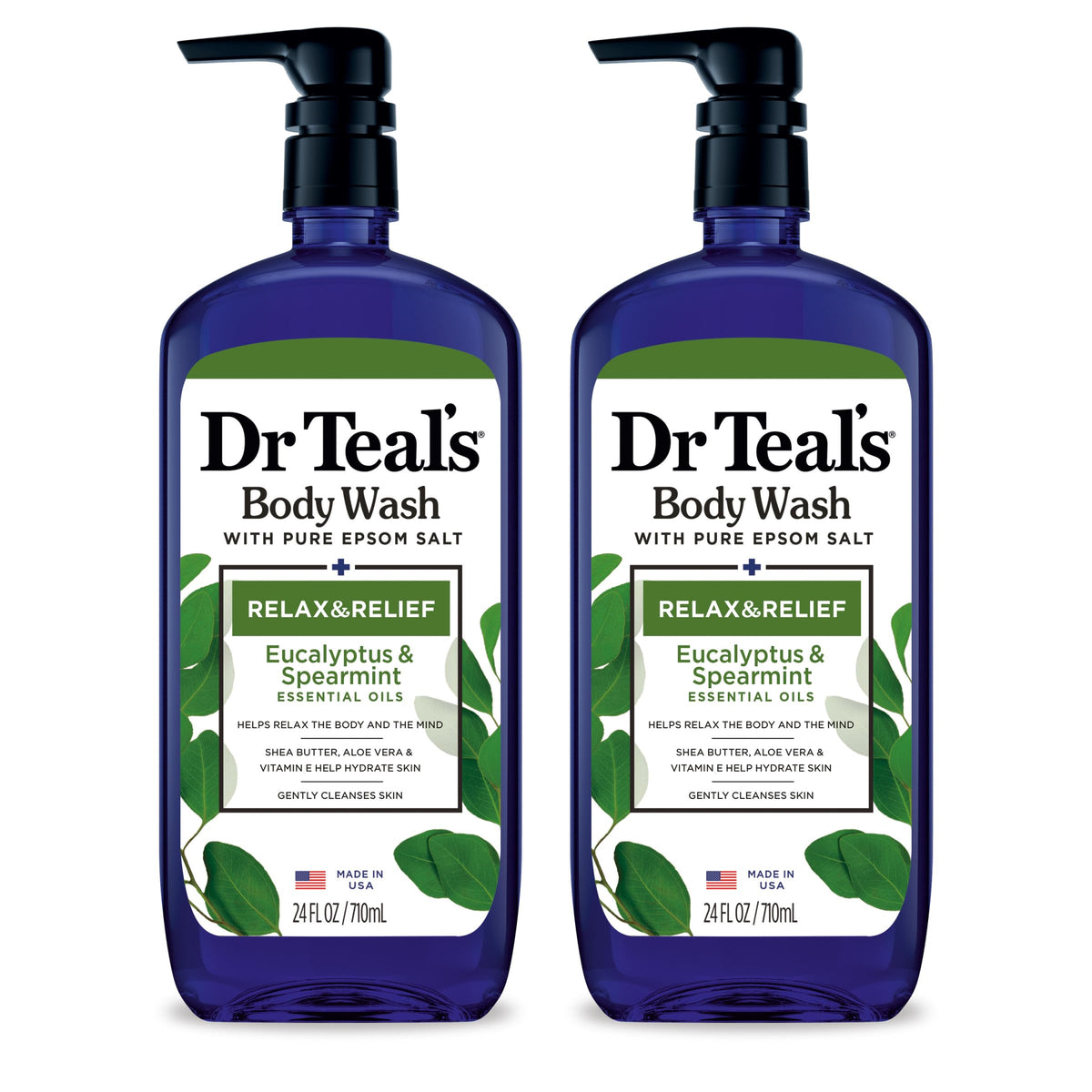 Dr Teal's Body Wash with Pure Epsom Salt, Relax & Relief with Eucalyptus & Spearmint, 24 fl oz (Pack of 2) Dr Teal's