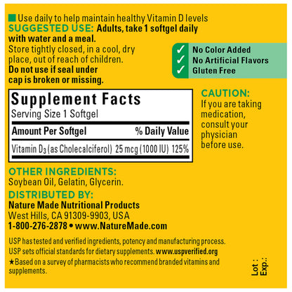 Nature Made Vitamin D3 1000 IU (25 mcg), 300 Vitamin D Softgels | Vitamin D Supplement for Immune, Bone, Teeth and Muscle Health Support, 300 Day Supply Gsupps Australia