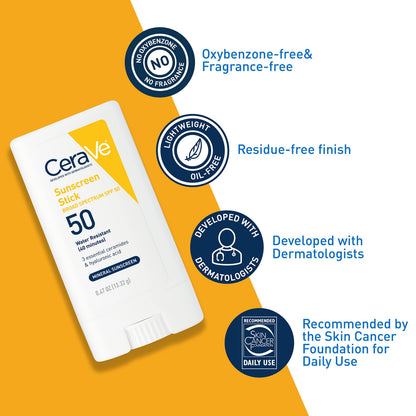 CeraVe Mineral Sunscreen Stick, SPF 50 Face Sunscreen, Travel Size, 0.47oz CeraVe