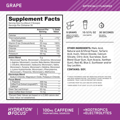 Optimum Nutrition Amino Energy Powder Plus Focus, with BCAA, Electrolytes, and Caffeine, Grape, 30 Servings (Packaging May Vary) Optimum Nutrition
