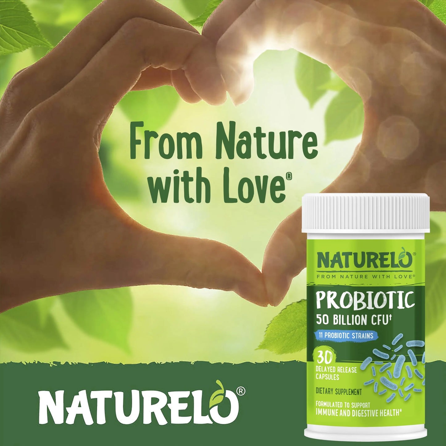 NATURELO Probiotics for Digestive Health, 50 Billion CFU, 30 Vegetarian Capsules, 11 Strains, Daily Use Supplement, Delayed Release, No-Fridge, Helps Boost Immune System, NATURELO