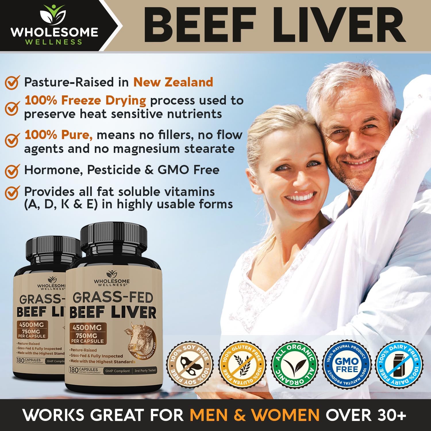 Wholesome Wellness Grass Fed Desiccated Beef Liver Capsules (180 Pills, 750mg Each) - Natural Iron, Vitamin A, B12 for Energy - Raised Undefatted in New Zealand Without Hormones or Chemicals Gsupps Australia