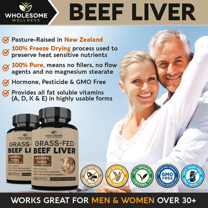 Wholesome Wellness Grass Fed Desiccated Beef Liver Capsules (180 Pills, 750mg Each) - Natural Iron, Vitamin A, B12 for Energy - Raised Undefatted in New Zealand Without Hormones or Chemicals Gsupps Australia