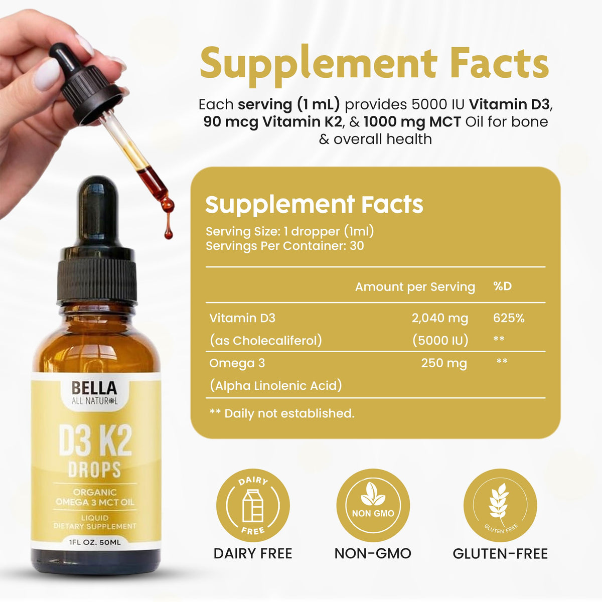 Bella All Natural Vitamin D3 K2 Liquid Drops 5000 IU (Unflavored) - Omega 3 with MCT Oil - Bella All Natural