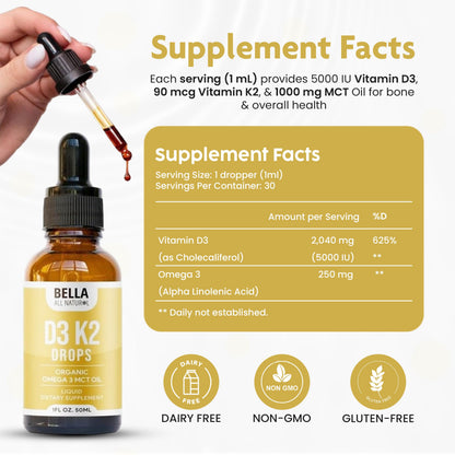 Bella All Natural Vitamin D3 K2 Liquid Drops 5000 IU (Unflavored) - Omega 3 with MCT Oil - Bella All Natural