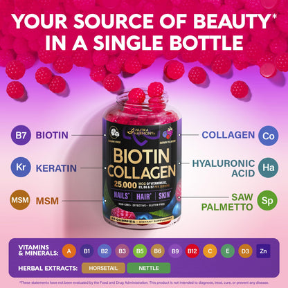 Biotin Gummies with Collagen - Hair Growth Support Skin, & Nail Strength - for Women & Men - Biotin 10000mcg | Keratin | Hyaluronic Acid | B-Complex | Saw Palmetto NUTRAHARMONY