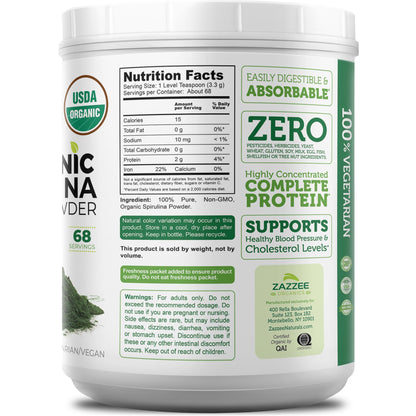 Zazzee USDA Organic Spirulina Powder, 2.2 Pounds (1 KG), 303 Servings | Certified Kosher, 100% Pure, Non-Irradiated, Mess-Free Wide Mouth Container, Fresh Smell, Neutral Taste, Non-GMO, Made in USA Gsupps Australia