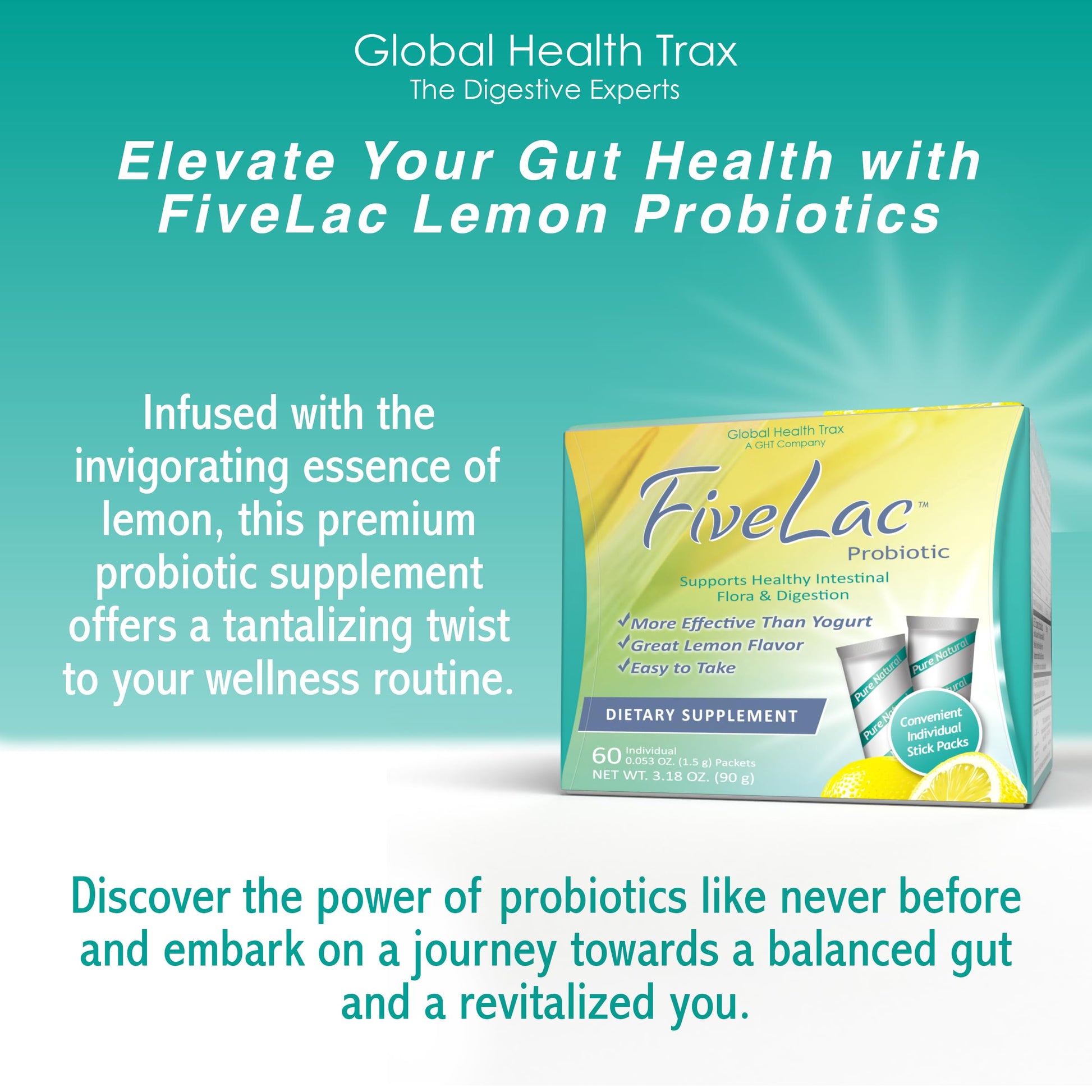 GHT - FiveLac Lemon Probiotic Powder Drink Mix, Probiotics for Women, Men, and Kids - Smooth Digestive Support and Elimination - Relieves Occasional Constipation and Gas - 60 Packets (3 Pack) Non-GMO ght Global Health Trax buy australia supplements