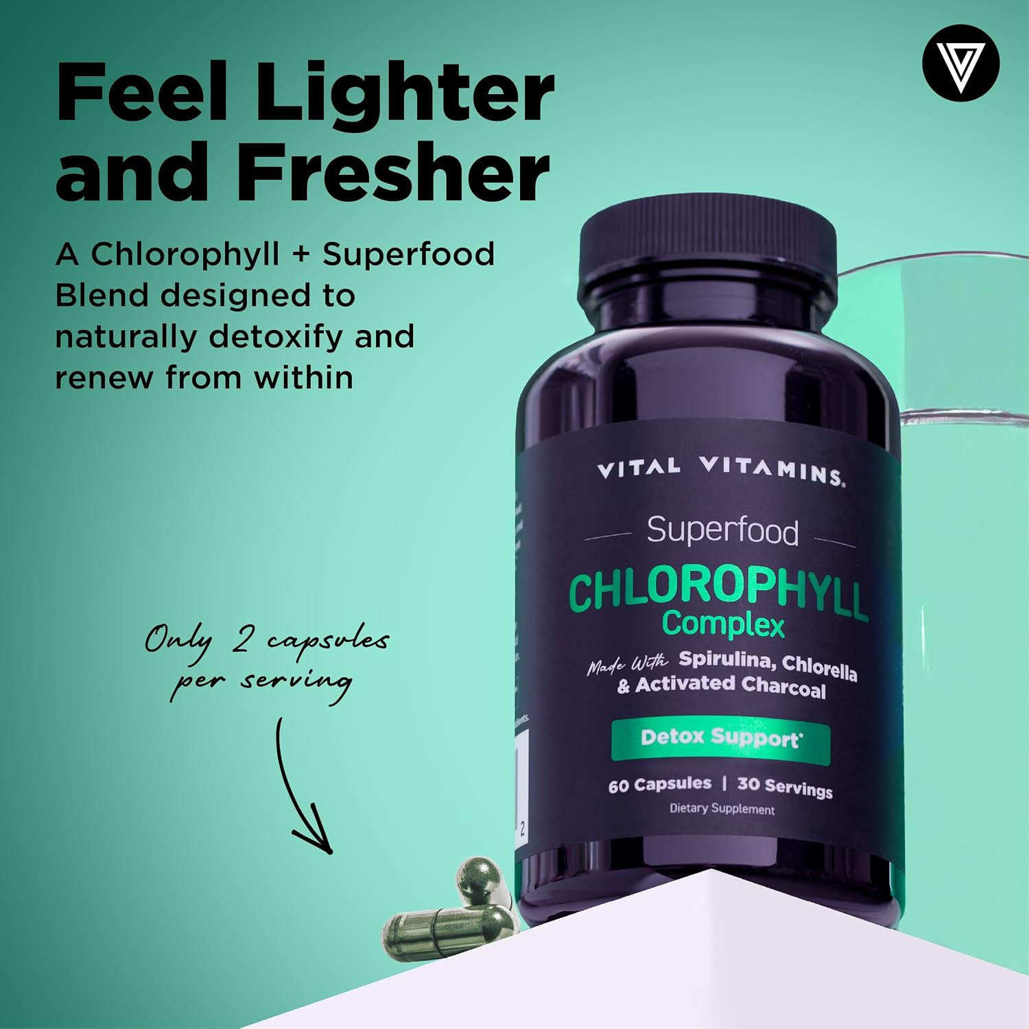 Vital Vitamins Chlorophyll Pills with Spirulina, Chlorella & Charcoal | Detoxifies & Freshens from Within, Natural Body Deodorizer, Superfood Complex for Women & Men, 60 Capsules Gsupps Australia