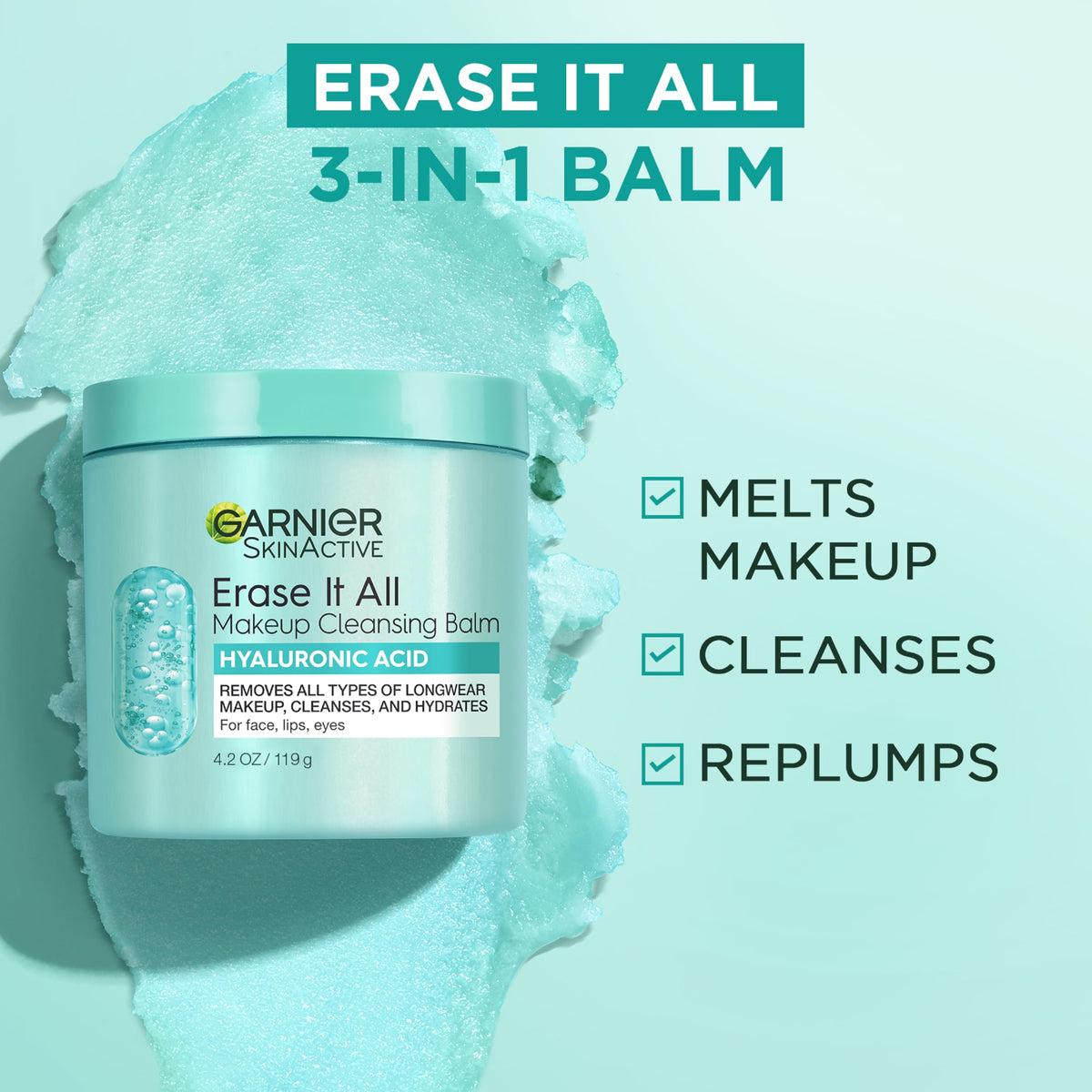Garnier Erase It All Makeup Cleansing Balm with Hyaluronic Acid, Replumping Facial Cleanser and Makeup Remover, 4.2 Oz Garnier