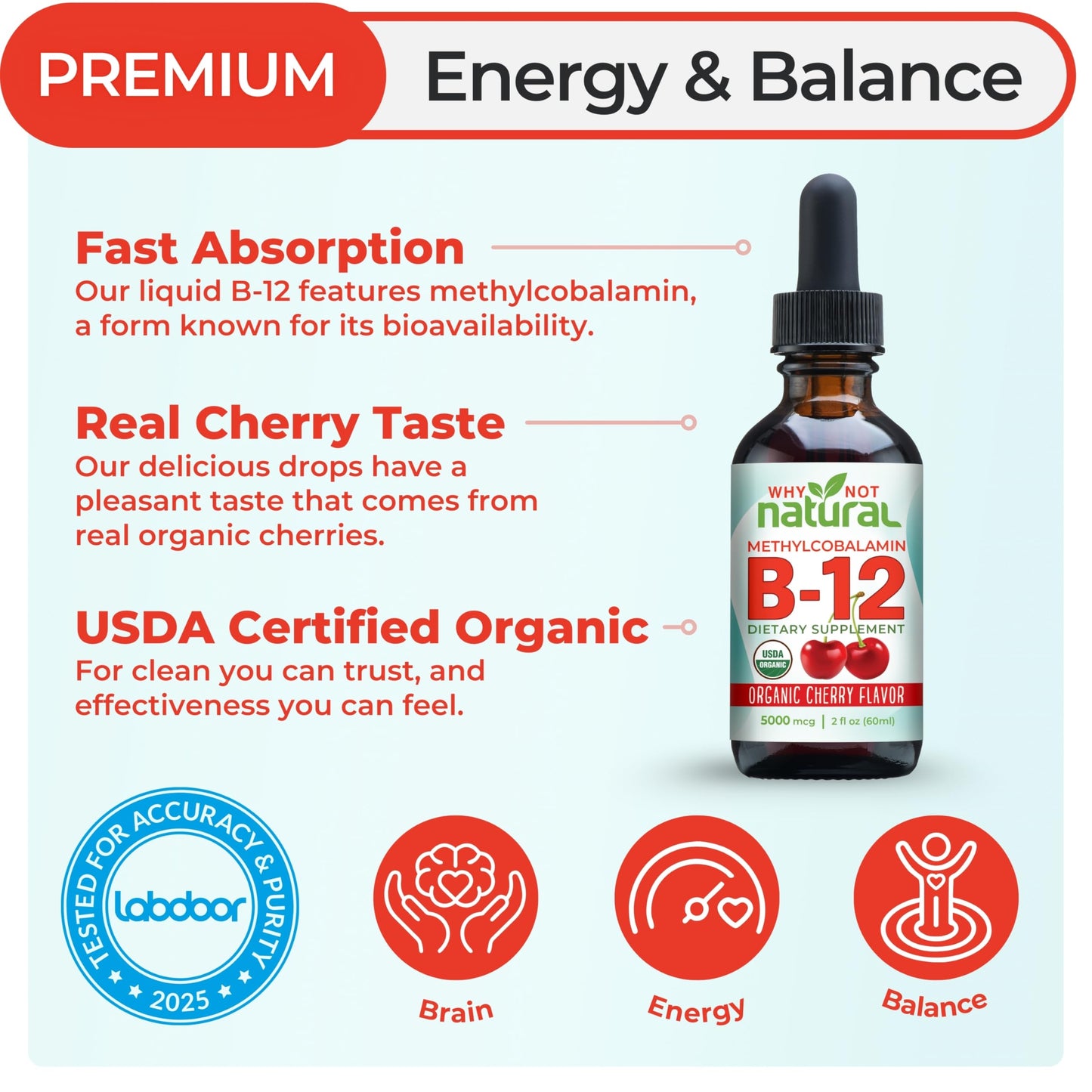 Why Not Natural Organic Vitamin B12 Liquid - Sublingual Extra Strength 60 x 5000 mcg Methylcobalamin Drops, Vegan, Why Not Natural