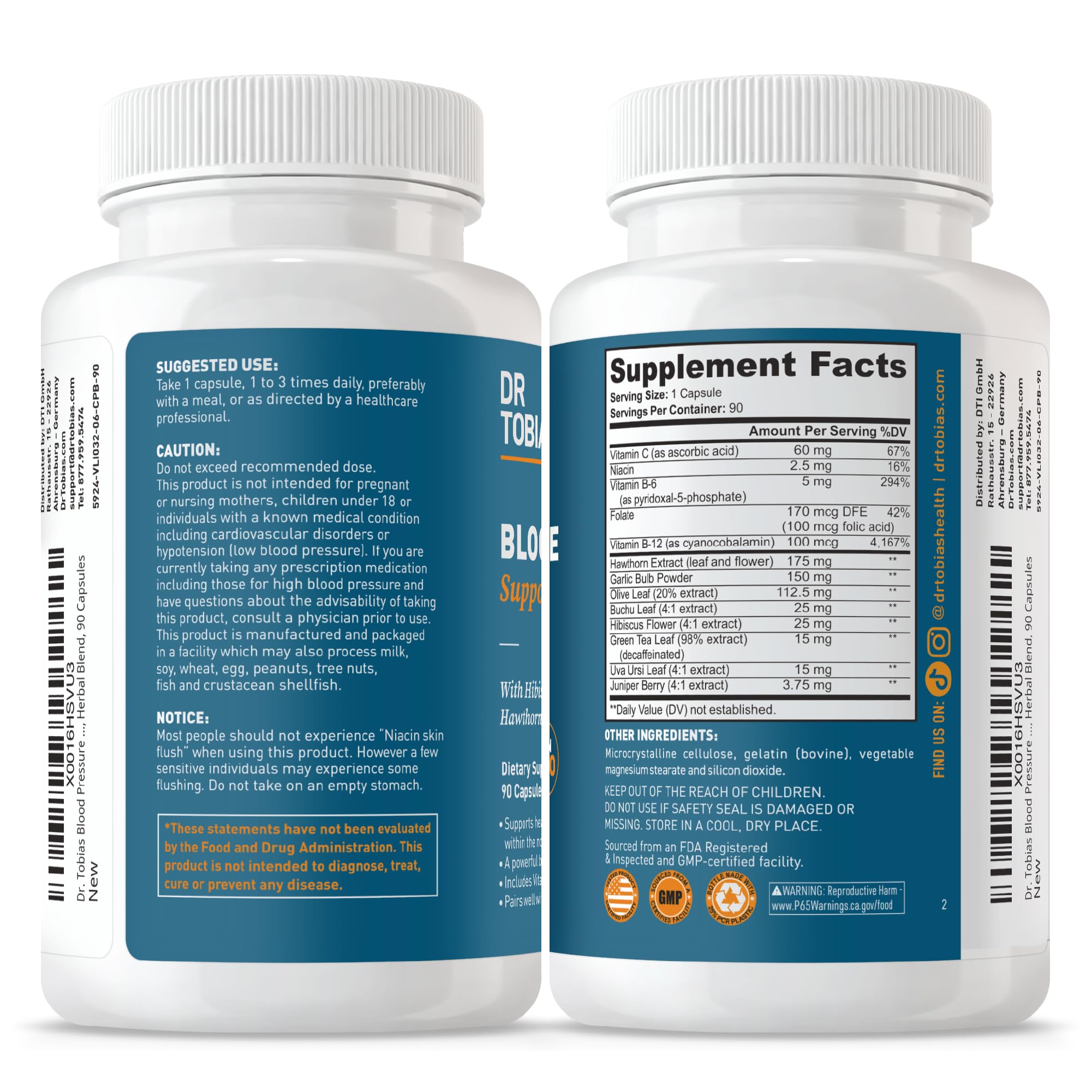Dr. Tobias Blood Pressure Support Supplement with Hawthorn, Hibiscus Flower, Olive Leaf & Garlic, Supports Normal Circulatory Health with Vitamins C, B6, B12, Niacin, Folate & Herbs, 90 Capsules Dr. Tobias buy australia supplements