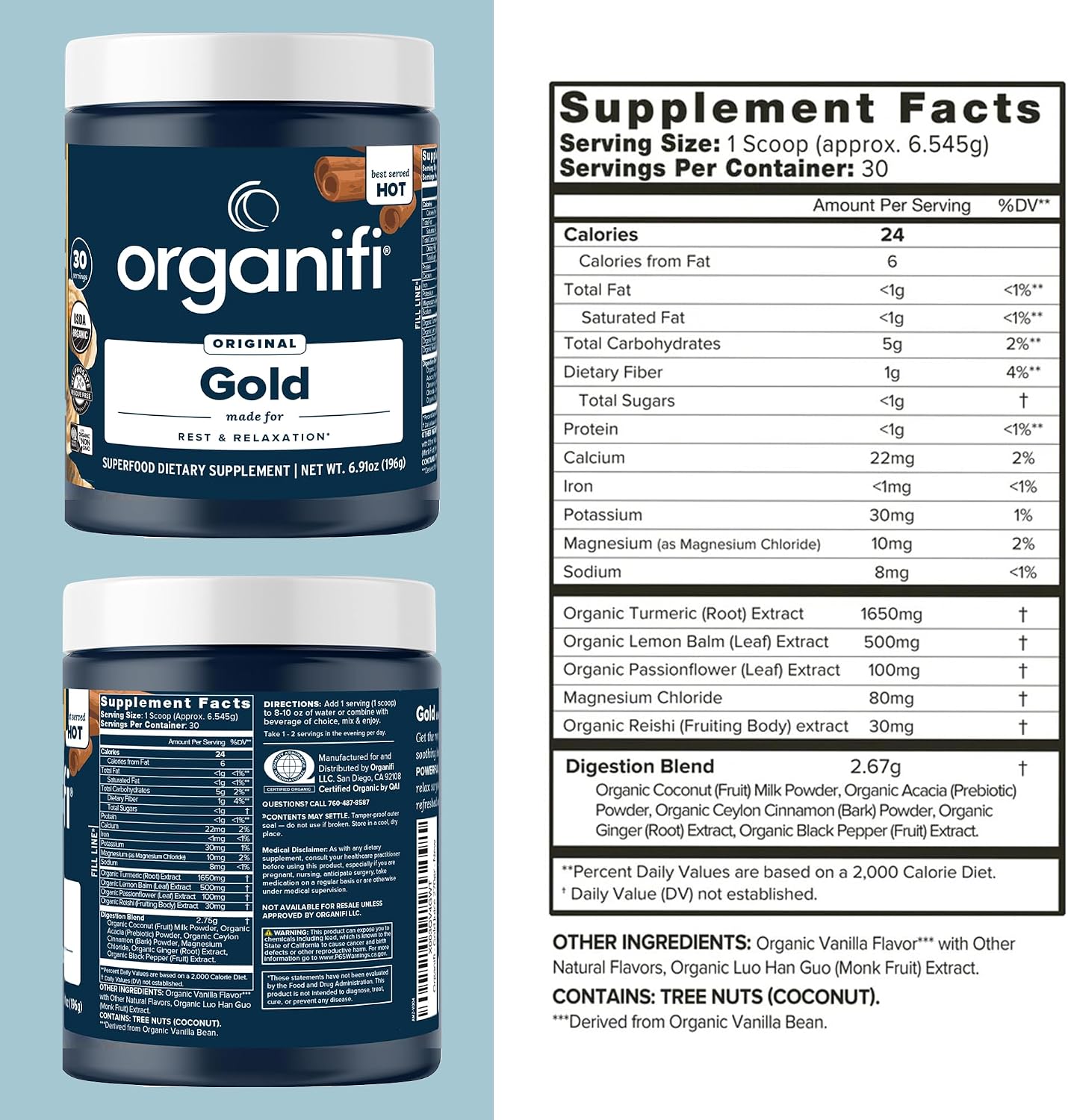 Organifi: Gold - Superfood Supplement Powder - 30 Servings - Stress Support, Better Rest, Relaxation and Promotes Restful Sleep - Turmeric and Reishi Infused Gsupps Australia
