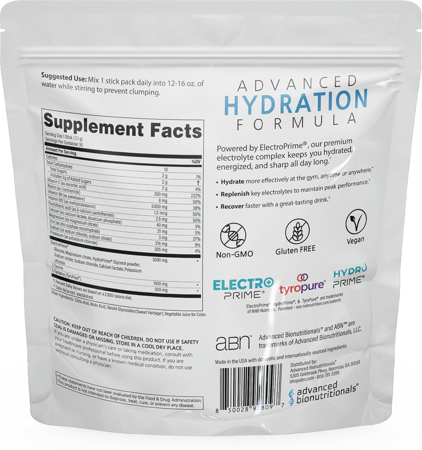 Advanced Bionutritionals Advanced Hydration Formula Electrolyte Drink Mix Powder with ElectroPrime®, L-Taurine, TyroPure™, B-Vitamins, Vitamin C – Strawberry Watermelon – 30 Stick Packs