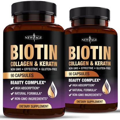 NEW AGE Biotin Collagen Keratin Hyaluronic Acid - 50,000mcg Hair Growth Vitamins for Men and Women, Nails, Hair, Skin Vitamins and DHT Blocker with Vitamin E Folic NEW AGE