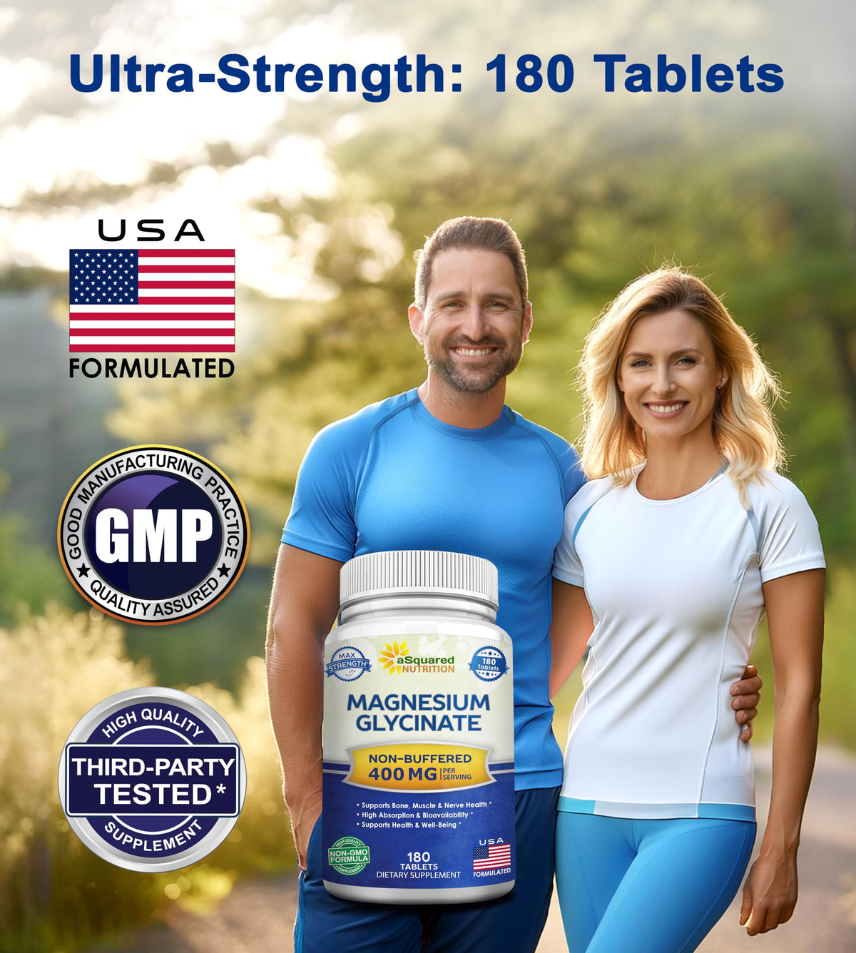 aSquared Nutrition Magnesium Glycinate 400mg - 180 Tablets - Max Strength Magnesium Bisglycinate Supplement -Maximum Bioavailability & Absorption-Non-GMO aSquared Nutrition