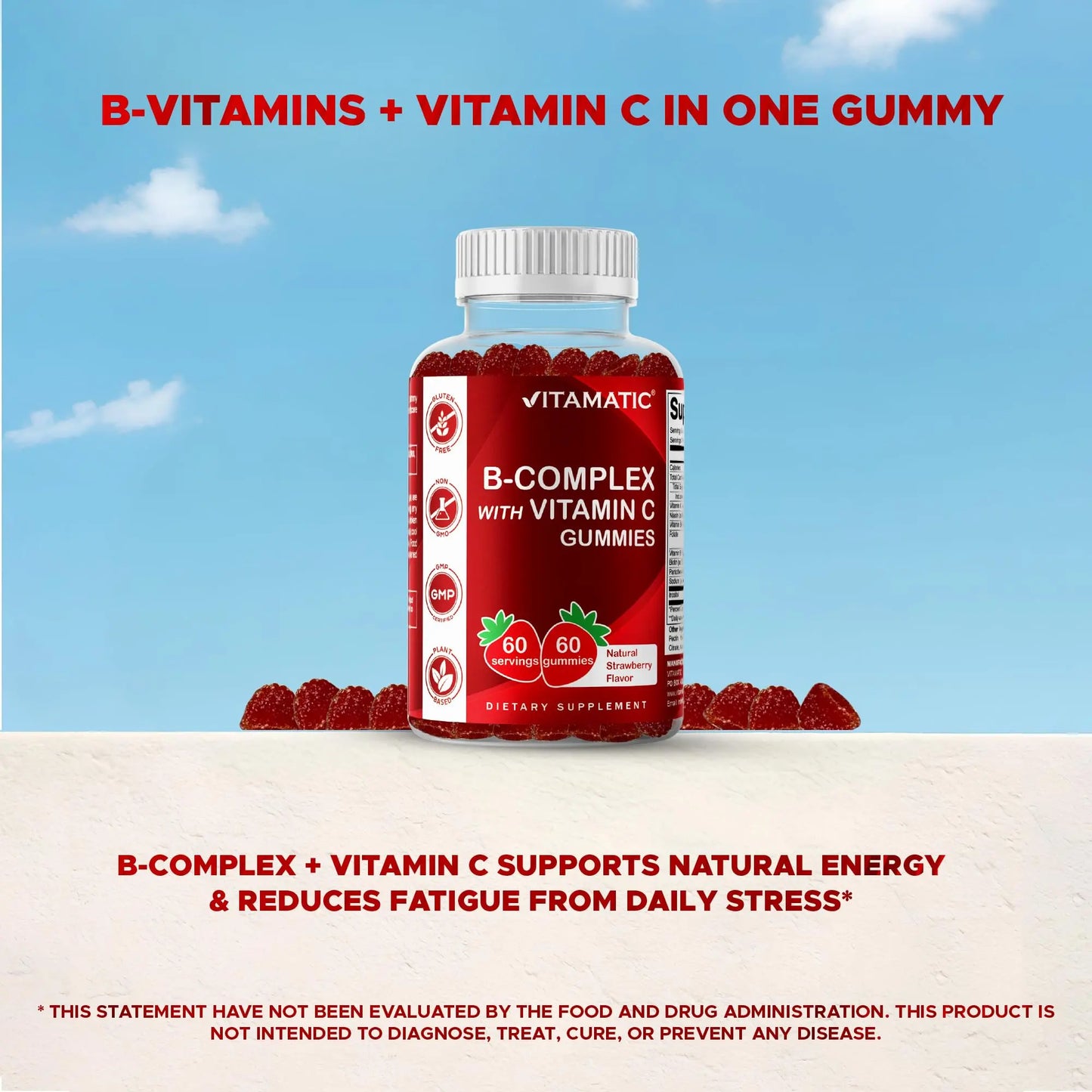 Vitamatic Vitamin B Complex Gummies with Vitamin C & Inositol - Natural Strawberry Flavor - 60 Gummies (1 Bottle) Vitamatic
